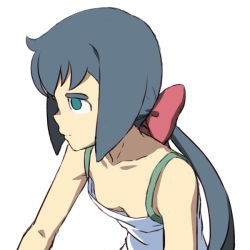 Rule 34 | 1girl, ahoge, bare shoulders, blue hair, bow, breasts, closed mouth, collarbone, constanze amalie von braunschbank-albrechtsberger, downblouse, expressionless, green eyes, green shirt, hair bow, hair ornament, little witch academia, long hair, looking to the side, low ponytail, multicolored shirt, no bra, no pupils, ponytail, profile, red bow, satochi, shirt, sidelocks, simple background, small breasts, solo, spaghetti strap, thick eyebrows, upper body, very long hair, white background, white shirt