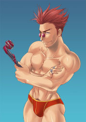 Rule 34 | 1boy, abs, character request, glasses, looking at viewer, male focus, muscular, red hair, topless male, smile, solo, tagme, tokisige, underwear