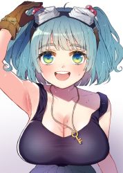 Rule 34 | 1girl, arm up, armpits, blue eyes, blue hair, blunt bangs, blush, breasts, brown gloves, cleavage, collarbone, commentary request, freckles, gloves, goggles, goggles on head, gradient background, gradient eyes, green eyes, hair bobbles, hair ornament, kawashiro nitori, key, large breasts, looking at viewer, medium hair, multicolored eyes, open mouth, smile, solo, sweat, tank top, touhou, touya (konpekitou), two side up, upper body
