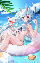 Rule 34 | 1girl, absurdres, babydoll, ball, bare arms, bare legs, beachball, bikini, blue archive, blue sky, blush, breasts, caustics, chise (blue archive), chise (swimsuit) (blue archive), cloud, day, feet out of frame, floating hair, food, front-tie top, halo, hands up, highres, holding, holding food, holding spoon, horizon, horns, ice cream, innertube, lens flare, lighthouse, long hair, looking at viewer, nannung, navel, oni horns, outdoors, parted lips, red eyes, rock, rubber duck, sailor collar, see-through, side ponytail, sitting, sky, small breasts, solo, spoon, stomach, string bikini, striped bikini, striped clothes, sundae, swim ring, swimsuit, thighs, two-tone bikini, water, wet, white sailor collar