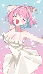 Rule 34 | 1girl, absurdres, ahoge, arm up, bare shoulders, blue background, blue hair, blush stickers, breasts, collarbone, commentary, dress, fang, gradient background, hair intakes, highres, idolmaster, idolmaster cinderella girls, large breasts, multicolored hair, pink background, pink hair, ribbon earrings, sleeveless, sleeveless dress, smile, solo, sukoyaka (100hituzi), symbol-only commentary, two-tone hair, white dress, yumemi riamu