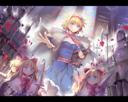 Rule 34 | 1girl, alice margatroid, armor, black pantyhose, blonde hair, blue dress, blue eyes, book, bow, breasts, capelet, cleavage, column, culter, dress, eyelashes, female focus, flower, full armor, grimoire, grimoire of alice, hair bow, hairband, halberd, lance, letterboxed, long hair, looking at viewer, outstretched arm, outstretched hand, pantyhose, petals, pillar, polearm, red bow, red flower, red rose, rose, rose petals, sash, shanghai doll, shirt, short hair, skirt, skirt set, small breasts, smile, stained glass, touhou, weapon
