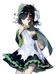 Rule 34 | 1girl, black cape, black hair, blue eyes, blush, breasts, cape, cowboy shot, detached sleeves, dress, gloves, green cape, green ribbon, hair between eyes, hair ribbon, hand to own mouth, horns, long sleeves, multicolored cape, multicolored clothes, nuudoru, original, parted lips, puffy short sleeves, puffy sleeves, ribbon, sheep horns, short sleeves, simple background, single detached sleeve, single glove, small breasts, solo, stuffed animal, stuffed sheep, stuffed toy, sweat, white background, white dress, white gloves, wide sleeves