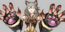 Rule 34 | 1girl, animal ears, bad id, bad twitter id, breasts, claw (weapon), claws, collar, erune, fang, granblue fantasy, grey background, hair between eyes, long hair, looking at viewer, medium breasts, open mouth, red eyes, sen (granblue fantasy), silver hair, simple background, sola (solo0730), solo, weapon