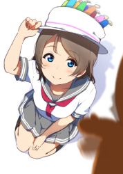 Rule 34 | 1girl, adjusting clothes, adjusting headwear, afterimage, arm up, bad id, bad pixiv id, black socks, blue eyes, blurry, blurry foreground, blush, brown hair, depth of field, from above, grey sailor collar, grey skirt, hand on headwear, hat, highres, icehotmilktea, kneehighs, looking at viewer, looking up, love live!, love live! sunshine!!, miniskirt, neckerchief, red neckerchief, sailor collar, school uniform, serafuku, shirt, short hair, short sleeves, sitting, skirt, socks, solo, swept bangs, tareme, uchicchii, uranohoshi school uniform, watanabe you, white hat, white shirt