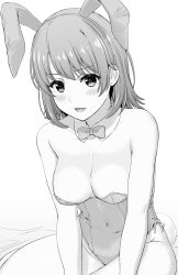 Rule 34 | 1girl, :d, absurdres, animal ears, blush, bow, bowtie, breasts, cleavage, commentary request, covered navel, detached collar, fake animal ears, greyscale, highres, inanaki shiki, isshiki iroha, large breasts, leotard, medium hair, monochrome, open mouth, playboy bunny, rabbit ears, sitting, smile, solo, yahari ore no seishun lovecome wa machigatteiru.