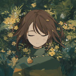 Rule 34 | 1other, androgynous, brown hair, chara (undertale), closed eyes, flower, grass, guangchenren, heart, heart necklace, jewelry, necklace, petal on head, solo, striped clothes, striped sweater, sweater, teardrop, undertale, upper body
