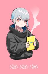 Rule 34 | 1girl, black sweater, blue nails, cigarette, collarbone, cropped torso, ear piercing, earrings, fang, fish, grey hair, hakuro96, highres, holding, holding cigarette, jewelry, lightning bolt earrings, lightning bolt symbol, long sleeves, looking at viewer, multicolored nails, nail polish, original, piercing, pink background, red nails, ring, short eyebrows, short hair, sidelocks, simple background, smoke, solo, sweater, tablet pc, turtleneck, upper body