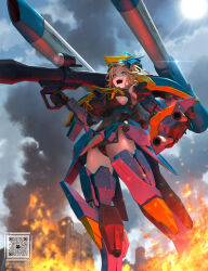 Rule 34 | 1girl, arm shield, armor, armored boots, bazooka (gundam), beam cannon, black leotard, blonde hair, boots, breasts, building, calamity gundam, commentary, commentary request, day, embers, english commentary, feet out of frame, fire, floating hair, green eyes, gundam, gundam seed, highres, holding, holding weapon, humanization, large breasts, laughing, leotard, looking at viewer, mecha musume, medium hair, mixed-language commentary, open mouth, outdoors, paid reward available, qr code, ruins, shoulder cannon, slit pupils, smoke, solo, standing, sun, teeth, tom-neko (zamudo akiyuki), tongue, twitter username, upper teeth only, v-fin, weapon