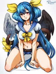 Rule 34 | 1girl, all fours, alternate costume, artist name, asymmetrical wings, bare legs, belt, blue hair, blush, bow, breasts, cleavage, collarbone, dated, dizzy (guilty gear), guilty gear, guilty gear xx, hair between eyes, hair bow, hair ribbon, hair rings, kneeling, large breasts, mina cream, navel, red eyes, ribbon, school uniform, seductive smile, serafuku, short shorts, shorts, simple background, smile, stomach, tail, tail ornament, tail ribbon, twintails, underboob, white background, wings, yellow bow, yellow ribbon