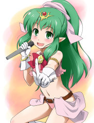 Rule 34 | 1girl, :d, bare shoulders, belt, blush, bow, bracelet, fang, fire emblem, fire emblem: mystery of the emblem, fire emblem: shadow dragon, gloves, green eyes, green hair, hair ornament, idol, jewelry, long hair, matching hair/eyes, microphone, navel, nintendo, open mouth, panties, pointy ears, ponytail, smile, solo, tiki (fire emblem), tiki (young) (fire emblem), underwear, youkan