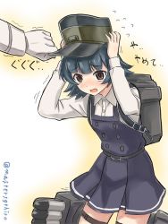 Rule 34 | 1girl, arare (kancolle), backpack, bag, brown eyes, commentary request, cowboy shot, crying, crying with eyes open, dress, gloves, grey hair, hat, kantai collection, long sleeves, open mouth, out of frame, pinafore dress, remodel (kantai collection), satsuki harunobu, short hair, sleeveless dress, solo focus, tears, torpedo tubes, trembling, twitter username, white gloves