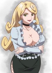 Rule 34 | 1girl, blonde hair, breasts, cleavage, crossed arms, green eyes, katsute kami datta kemonotachi e, large breasts, liza renecastle, long hair, mole, mole on breast, no bra, solo, standing, white background