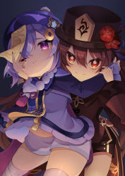 Rule 34 | 2girls, absurdres, bandaged leg, bandages, bead necklace, beads, brown hair, chinese clothes, ebichiri sunday, genshin impact, hat, highres, holding another&#039;s wrist, hu tao (genshin impact), jewelry, jiangshi, long sleeves, looking at viewer, multiple girls, nail polish, navel, necklace, one eye closed, purple eyes, purple hair, qiqi (genshin impact), red eyes, shorts, symbol-shaped pupils, talisman, thighhighs, thighs