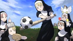 Rule 34 | 6+girls, :&lt;, :d, :o, absurdres, animal, animal on head, ball, baseball bat, bird, blonde hair, blue eyes, blue sky, brown eyes, brown hair, bush, card, chili pepper, clenched hands, cloud, clumsy nun (diva), commentary, cracked egg, day, diva (hyxpk), duck, egg, english commentary, food, food on head, frog, froggy nun (diva), glasses, glasses nun (diva), habit, hair ornament, hairclip, hedge, highres, holding, holding card, holding food, holding saucepan, holding vegetable, hungry nun (diva), little nuns (diva), mole, mole under eye, mouth hold, multiple girls, nun, object on head, on head, open mouth, original, out of frame, outdoors, oven mitts, peeking, red card, red hair, reflection, round eyewear, saucepan, shaded face, sitting, sitting on head, sitting on person, sky, sleeves rolled up, smile, soccer ball, spicy nun (diva), sticker, strict nun (diva), tape, tearing up, thumbs up, traditional nun, vegetable, wooden chair, yellow card, yellow eyes