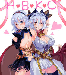 Rule 34 | 2girls, armpits, arms behind head, back, bad anatomy, blue eyes, blush, breasts, butt crack, cape, cleavage, cosplay, costume switch, demon girl, demon tail, demon wings, dual persona, facial tattoo, grin, happy birthday, heart, kenkou cross (style), large breasts, looking at viewer, monster girl, monster girl encyclopedia, monster girl encyclopedia world guide i: fallen maidens, multiple girls, one eye closed, pointy ears, red eyes, short hair, silver hair, smile, succubus (monster girl encyclopedia), succubus wilmarina, tail, tattoo, wilmarina noscrim, wings, yu (yoki)