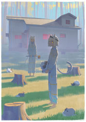 Rule 34 | 1boy, 1girl, absurdres, ahoge, animal ear fluff, animal ears, axe, barefoot, belt, blood, blunt bangs, border, cat ears, cat tail, closed mouth, collared shirt, commentary, eyebrows hidden by hair, full body, grass, grey belt, grey hair, grey pants, grey shirt, highres, holding, holding axe, house, kenharu, long hair, long sleeves, looking at viewer, medium hair, original, outdoors, pants, parted lips, scenery, shirt, shirt tucked in, sidelocks, tail, tree, tree stump, white border, yellow eyes