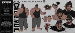 Rule 34 | 1boy, absurdres, ass, bara, beard, black sclera, black tank top, brusi (iixblacklionxii), character sheet, colored sclera, crazy smile, dark-skinned male, dark skin, demon boy, expressions, facial hair, feet out of frame, full body, glowing, glowing eyes, grey pants, grin, highres, iixblacklionxii, large hands, large pectorals, long tongue, looking at viewer, male focus, mature male, muscular, muscular male, nipples, no genitals, original, pants, pectoral cleavage, pectorals, pointy ears, scar, scar on arm, scar on chest, short hair, sideburns, sidepec, smile, standing, stomach, strongman waist, sunglasses, tank top, thick eyebrows, tongue, towel, towel around neck, umbrakinesis, yellow eyes
