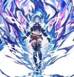 Rule 34 | 1girl, armor, black armor, blue eyes, blue hair, bob cut, breasts, cleavage, cleavage cutout, clothing cutout, crop top, djeeta (granblue fantasy), electricity, floating weapon, gauntlets, granblue fantasy, guider to the eternal edge, lightning, midriff, minaba hideo, navel, official art, short hair