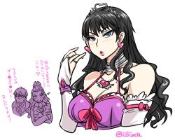 Rule 34 | 10s, 1boy, 1girl, artist name, black hair, blue eyes, blush, breasts, bridal gauntlets, cleavage, crossed arms, dress, earrings, executive mishiro, formal, heart, heart earrings, huge breasts, idolmaster, idolmaster cinderella girls, jewelry, long hair, musical note, necklace, ponytail, pout, producer (idolmaster), producer (idolmaster cinderella girls anime), quaver, smile, suit, sweatdrop, tiara, tonda, translation request