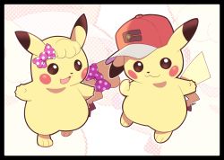 Rule 34 | :3, artsy-rc, baseball cap, black border, border, bow, commentary, creatures (company), english commentary, game freak, gen 1 pokemon, halftone, halftone background, hat, clothed pokemon, highres, looking at viewer, nintendo, no humans, pikachu, pokemon, pokemon (anime), pokemon (creature), pokemon journeys, polka dot, polka dot bow, purple bow, red headwear, smile, tail, tail bow, tail ornament, zoom layer