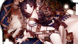 Rule 34 | 1girl, asymmetrical sleeves, atha (leejuiping), bare shoulders, black hair, breasts, brown eyes, crown, dutch angle, earrings, fate (series), hair ribbon, high heels, highres, hoop earrings, ishtar (fate), jewelry, lion, long hair, looking at viewer, medium breasts, navel, open mouth, parted bangs, red eyes, ribbon, solo, two side up, uneven sleeves