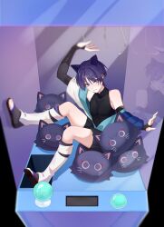 Rule 34 | 1boy, androgynous, animal ears, arm up, bare shoulders, black shirt, black shorts, blue eyes, blush, cat boy, cat ears, chobonu, closed mouth, elbow gloves, eyelashes, fingerless gloves, full body, genshin impact, gloves, hair between eyes, highres, in crane game, japanese clothes, legs, male focus, off shoulder, purple hair, scaramouche (genshin impact), shirt, short hair, short shorts, shorts, sidelocks, sitting, sleeveless, solo, stuffed animal, stuffed cat, stuffed toy, thighs, toeless footwear, wanderer (genshin impact)
