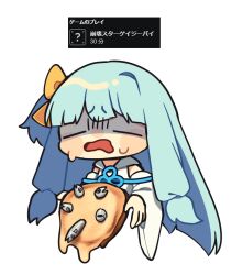 Rule 34 | 1girl, blue hair, blush stickers, bow, chibi, collared dress, commentary request, cropped torso, detached sleeves, disgust, dress, flower knot, food, frown, furrowed brow, gloom (expression), hair bow, holding, holding food, kotonoha aoi, long hair, melting, one side up, screenshot inset, shaded face, sidelocks, simple background, sleeveless, sleeveless dress, solo, stargazy pie, suimei333, sweat, translation request, voiceroid, wavy mouth, white background, white dress, wide sleeves, yellow bow