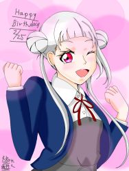 Rule 34 | 1girl, ;), arashi chisato, artist name, artist request, blue cardigan, blue jacket, blush, bow, bowtie, breasts, buttons, cardigan, clenched hands, collared shirt, cropped jacket, double bun, dress, dress shirt, female focus, floating hair, grey shirt, hair bun, hair tie, jacket, long hair, long sleeves, looking at viewer, love live!, love live! superstar!!, neck ribbon, one eye closed, parted lips, red bow, red eyes, red ribbon, ribbon, school uniform, shirt, small breasts, smile, solo, twintails, upper body, wavy hair, white hair, white shirt, wing collar, wink, yuigaoka school uniform