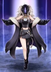 Rule 34 | 1girl, 4shi, animal ears, belt, black choker, black coat, black footwear, black gloves, bondrewd, bondrewd (cosplay), boots, breasts, choker, coat, commentary request, cosplay, full body, fur-trimmed coat, fur trim, gloves, grey hair, highres, hololive, jewelry, large breasts, lion ears, lion girl, lion tail, made in abyss, mask, miniskirt, navel, outstretched arms, pendant, shishiro botan, shishiro botan (1st costume), single thighhigh, skirt, solo, ssrb (shishiro botan), tail, thighhighs, torn clothes, torn thighhighs, virtual youtuber