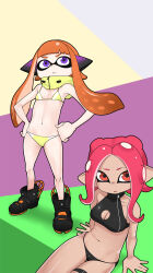 Rule 34 | 2girls, :&lt;, absurdres, asha, bikini, black bikini, black footwear, blunt bangs, boots, breasts, cleavage, closed mouth, commentary request, expressionless, flat chest, full body, highres, inkling girl, inkling player character, long hair, looking at viewer, medium breasts, multicolored background, multiple girls, navel, nintendo, open mouth, orange eyes, orange hair, pink hair, pointy ears, purple eyes, scarf, sitting, splatoon (series), splatoon 2, standing, swimsuit, tan, tentacle hair, yellow bikini, yellow scarf