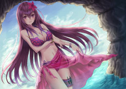 Rule 34 | 1girl, :d, absurdres, bikini, bracelet, breasts, cleavage, collarbone, day, dutch angle, fate/grand order, fate (series), floating hair, flower, hair between eyes, hair flower, hair ornament, highres, jewelry, large breasts, looking at viewer, navel, open mouth, outdoors, purple eyes, purple hair, red bikini, red flower, sarong, scathach (fate), see-through, skirt hold, smile, solo, swimsuit, thigh strap, tobychou