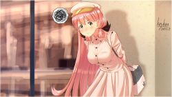 Rule 34 | 1girl, akashi (kancolle), alternate costume, artist name, bag, beret, commentary request, cowboy shot, dated, dress, green eyes, hair ribbon, hat, kantai collection, key kun, long hair, looking at viewer, pink dress, pink hair, pink hat, ribbon, shoulder bag, solo, spoken squiggle, squiggle, standing, tress ribbon, very long hair, white hat