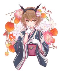 Rule 34 | 10s, 1girl, akakokko, alternate costume, anchor, anchor earrings, bellflower, brown hair, chinese lantern (plant), cropped torso, earrings, eyebrows, finger in own mouth, floral background, flower, gloves, green eyes, hair between eyes, hair flower, hair ornament, hand on own chest, headgear, japanese clothes, jewelry, kantai collection, kimono, long sleeves, looking at viewer, mutsu (kancolle), obi, sash, short hair, solo, striped clothes, striped kimono, upper body, white background, white gloves, wide sleeves, yukata