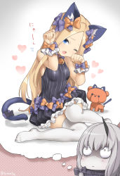 Rule 34 | 2girls, ;o, abigail williams (fate), animal ears, black bow, black dress, blonde hair, blue eyes, blush, bow, breasts, cat day, cat ears, cat girl, cat tail, dress, fang, fate (series), frilled dress, frills, hair bow, head tilt, heart, horns, imagining, kemonomimi mode, lavinia whateley (fate), long hair, looking at viewer, multiple girls, no shoes, one eye closed, open mouth, orange bow, pale skin, parted bangs, paw pose, polka dot, polka dot bow, single horn, sleeveless, sleeveless dress, small breasts, stuffed animal, stuffed toy, tail, tail bow, tail ornament, teddy bear, thighhighs, tyone, very long hair, white hair, white legwear, wrist cuffs, zettai ryouiki