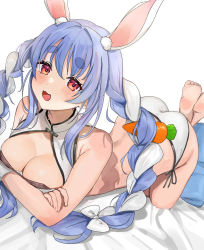 Rule 34 | 1girl, animal ears, ass, bikini, blue hair, blush, braid, breasts, carrot hair ornament, cleavage, cleavage cutout, clothing cutout, feet, food-themed hair ornament, hair ornament, hatsuno xxx, highres, hikimayu, hololive, large breasts, long hair, looking at viewer, multicolored hair, open mouth, orange eyes, rabbit ears, rabbit girl, short eyebrows, side-tie bikini bottom, smile, soles, solo, swept bangs, swimsuit, thick eyebrows, twin braids, twintails, two-tone hair, usada pekora, virtual youtuber, white hair