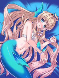 Rule 34 | 1girl, bed sheet, bikini, bikini top only, blonde hair, blue eyes, blush, bracelet, breasts, cleavage, fins, from above, hair spread out, head fins, jewelry, long hair, looking at viewer, lying, mermaid, monster girl, navel, necklace, on side, parted lips, solo, swimsuit, very long hair, yukimura tsubame, yuukyuu no sharin
