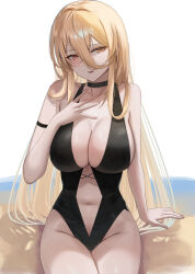 Rule 34 | 1girl, absurdres, alternate costume, arm strap, azur lane, bare shoulders, black choker, black one-piece swimsuit, blonde hair, breasts, choker, cleavage, commentary request, commission, hair between eyes, hand on own chest, highres, implacable (azur lane), large breasts, long hair, navel, one-piece swimsuit, orange eyes, parted lips, pixiv commission, sideboob, solo, swimsuit, thighs, yamikyon