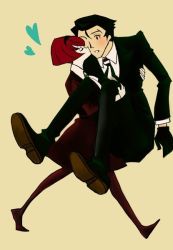 Rule 34 | 1boy, 1girl, android, black hair, carrying, formal, gloves, hairband, heart, hetero, kiss, necktie, princess carry, r dorothy wayneright, red hair, roger smith, suit, the big o