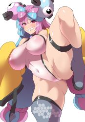 Rule 34 | absurdres, alternate breast size, bow-shaped hair, breasts, character hair ornament, creatures (company), game freak, grey pantyhose, hair ornament, hexagon print, highres, iono (pokemon), jacket, konno tohiro, large breasts, leotard, long hair, low-tied long hair, nintendo, oversized clothes, pantyhose, pokemon, pokemon sv, sharp teeth, single leg pantyhose, sleeves past fingers, sleeves past wrists, teeth, thighs, very long sleeves, white background, x, yellow jacket