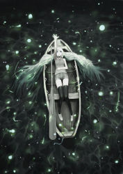 Rule 34 | 1girl, boat, hatsune miku, long hair, lying, oar, outstretched arm, reaching, solo, tanuki91, thighhighs, twintails, very long hair, vocaloid