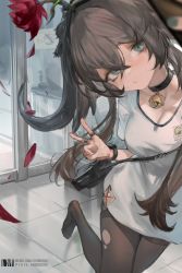 Rule 34 | 1girl, absurdres, arknights, arm up, bell, black choker, black hair, black pantyhose, blurry, blurry foreground, breasts, chinese commentary, choker, closed mouth, commentary request, crossed bangs, dm (dai miao), flower, grey eyes, hair between eyes, hair flower, hair ornament, highres, indoors, jewelry, jingle bell, leaning to the side, long hair, looking at viewer, medium breasts, multiple rings, nail polish, neck bell, no shoes, pallas (arknights), pantyhose, petals, pixiv id, red flower, ring, selfie, shirt, solo, standing, standing on one leg, torn clothes, torn pantyhose, v, watch, weibo watermark, white shirt, wristwatch
