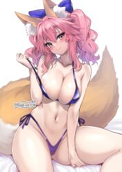 Rule 34 | 1girl, absurdres, alternate hairstyle, animal ear fluff, animal ears, areola slip, artist name, bare arms, bare shoulders, bed sheet, bikini, bikini pull, blue bikini, blue bow, blush, bow, breasts, cleavage, closed mouth, clothes pull, collarbone, fate/extra, fate/grand order, fate (series), fox ears, fox girl, fox tail, furrowed brow, groin, hair between eyes, hair bow, hair intakes, hand on own thigh, head tilt, highleg, highleg bikini, highres, large breasts, looking at viewer, navel, orange eyes, partially visible vulva, pink hair, pulled by self, side-tie bikini bottom, simple background, sitting, smile, solo, stomach, swimsuit, tail, tamamo (fate), tamamo no mae (fate/extra), thick thighs, thighs, twintails, twitter username, white background, wisespeak