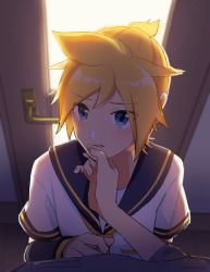Rule 34 | 1boy, backlighting, black collar, black sleeves, blonde hair, blue eyes, blush, collar, collared shirt, commentary, detached sleeves, door, furrowed brow, grabbing another&#039;s chin, hand on another&#039;s chin, kagamine len, looking at viewer, male focus, master (vocaloid), necktie, nervous, nokuhashi, open door, pov, sailor collar, shirt, short ponytail, short sleeves, spiked hair, upper body, vocaloid, white shirt, yellow neckwear