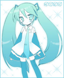 Rule 34 | 1girl, aqua hair, aqua theme, blush, border, character name, detached sleeves, hatsune miku, headphones, headset, long hair, looking at viewer, lowres, microphone, monochrome, necktie, shudou rima, skirt, solo, sparkle, standing, thighhighs, twintails, very long hair, vocaloid, white background, zettai ryouiki