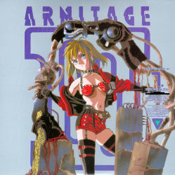 Rule 34 | 1990s (style), 1girl, armitage iii, armpits, bare shoulders, belt, bikini, black thighhighs, blonde hair, blue eyes, breasts, cleavage, collarbone, cuffs, earrings, expressionless, garter straps, handcuffs, holster, jewelry, laserdisc cover, leg belt, machinery, naomi armitage, navel, open fly, red bikini, restrained, retro artstyle, short hair, shorts, small breasts, solo, stomach, swimsuit, thighhighs, unzipped, zettai ryouiki, zipper