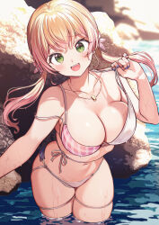Rule 34 | 1girl, bikini, blind, breasts, commentary request, flower, green eyes, hair flower, hair ornament, hololive, jewelry, large breasts, looking at viewer, low twintails, momosuzu nene, multicolored bikini, multicolored clothes, nail polish, navel, necklace, nishizawa, open mouth, partial commentary, pink bikini, purple nails, rock, skindentation, smile, solo, striped bikini, striped clothes, swimsuit, teeth, twintails, upper teeth only, virtual youtuber, wet, white bikini