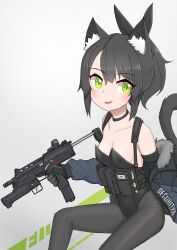 Rule 34 | 1girl, absurdres, animal ear fluff, animal ears, black choker, black gloves, black hair, black leotard, black pantyhose, black ribbon, blush, breasts, cat ears, cat tail, choker, collarbone, commentary, elbow gloves, english commentary, extended magazine, gloves, gradient background, green eyes, gun, h&amp;k mp7, hair ribbon, highres, holding, holding gun, holding weapon, jacket, leotard, load bearing equipment, looking at viewer, nontraditional playboy bunny, open clothes, open jacket, original, oversized breast cup, pantyhose, parted lips, ribbon, short hair, simple background, small breasts, smile, solo, srtdrawart, strapless, strapless leotard, submachine gun, tail, trigger discipline, weapon, white background