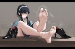 Rule 34 | 1girl, absurdres, barefoot, black hair, blush, feet, hairband, highres, long hair, looking at viewer, pazixia, red eyes, shaded face, shoes, unworn shoes, soles, spy x family, steam, toes, yor briar