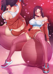 Rule 34 | 1girl, ass, bare shoulders, black hair, blush, breasts, butt crack, cleavage, covered erect nipples, demi-chan wa kataritai, dolphin shorts, glasses, gym shorts, head tilt, heart, large breasts, navel, nikichen, open mouth, partially visible vulva, purple eyes, satou sakie, short shorts, shorts, solo, sportswear, thighhighs